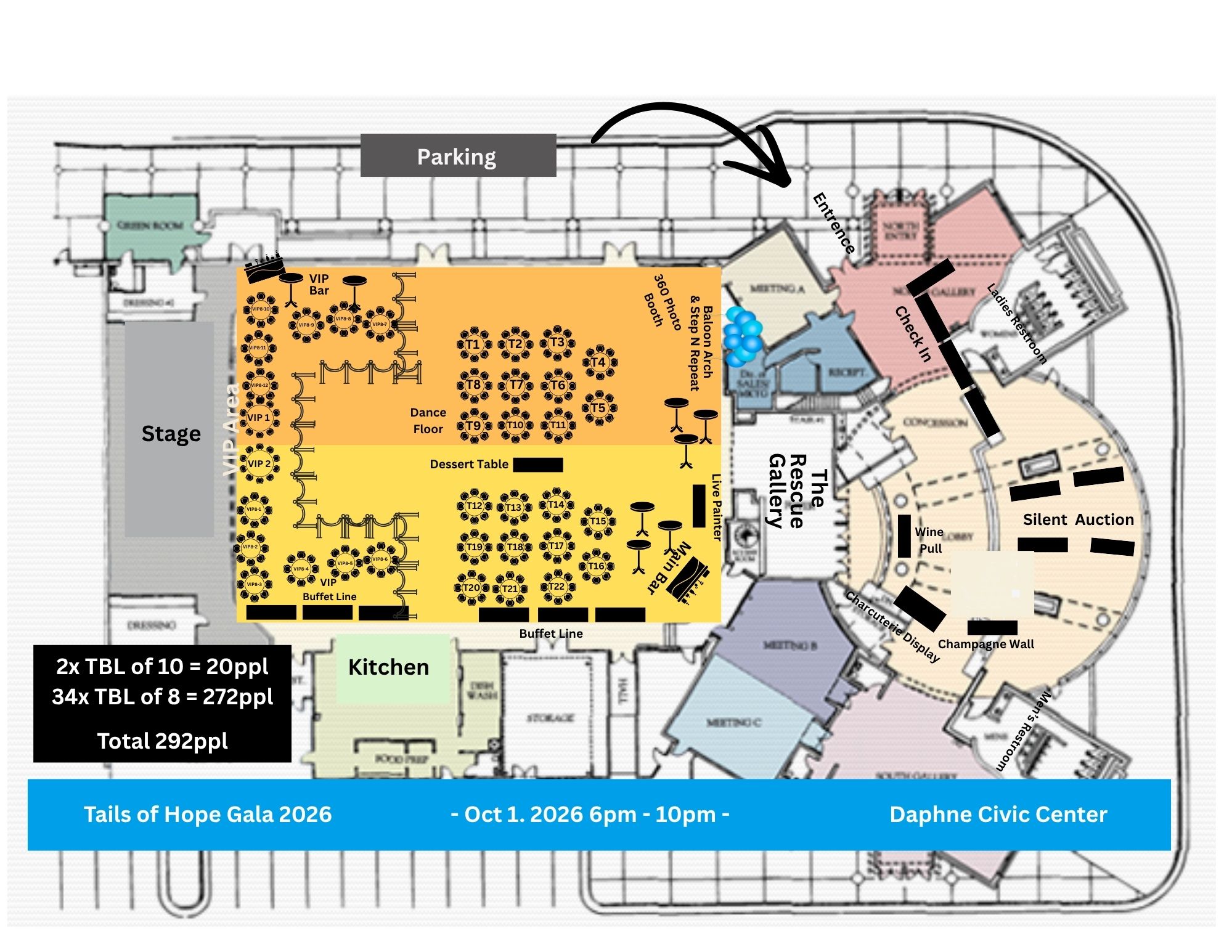 Daphne Civic Center seating floor plan for Tails of Hope Gala 2026